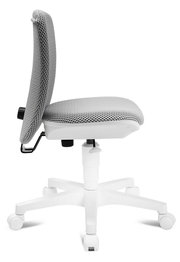 Seitenansicht eines grauen Kinder- und Jugenddrehstuhls mit weißem Gestell und Rollen