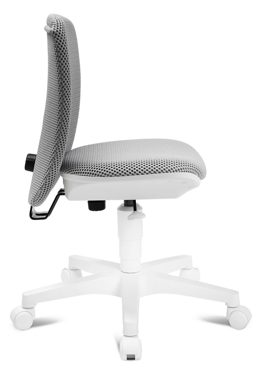 Seitenansicht eines grauen Kinder- und Jugenddrehstuhls mit weißem Gestell und Rollen