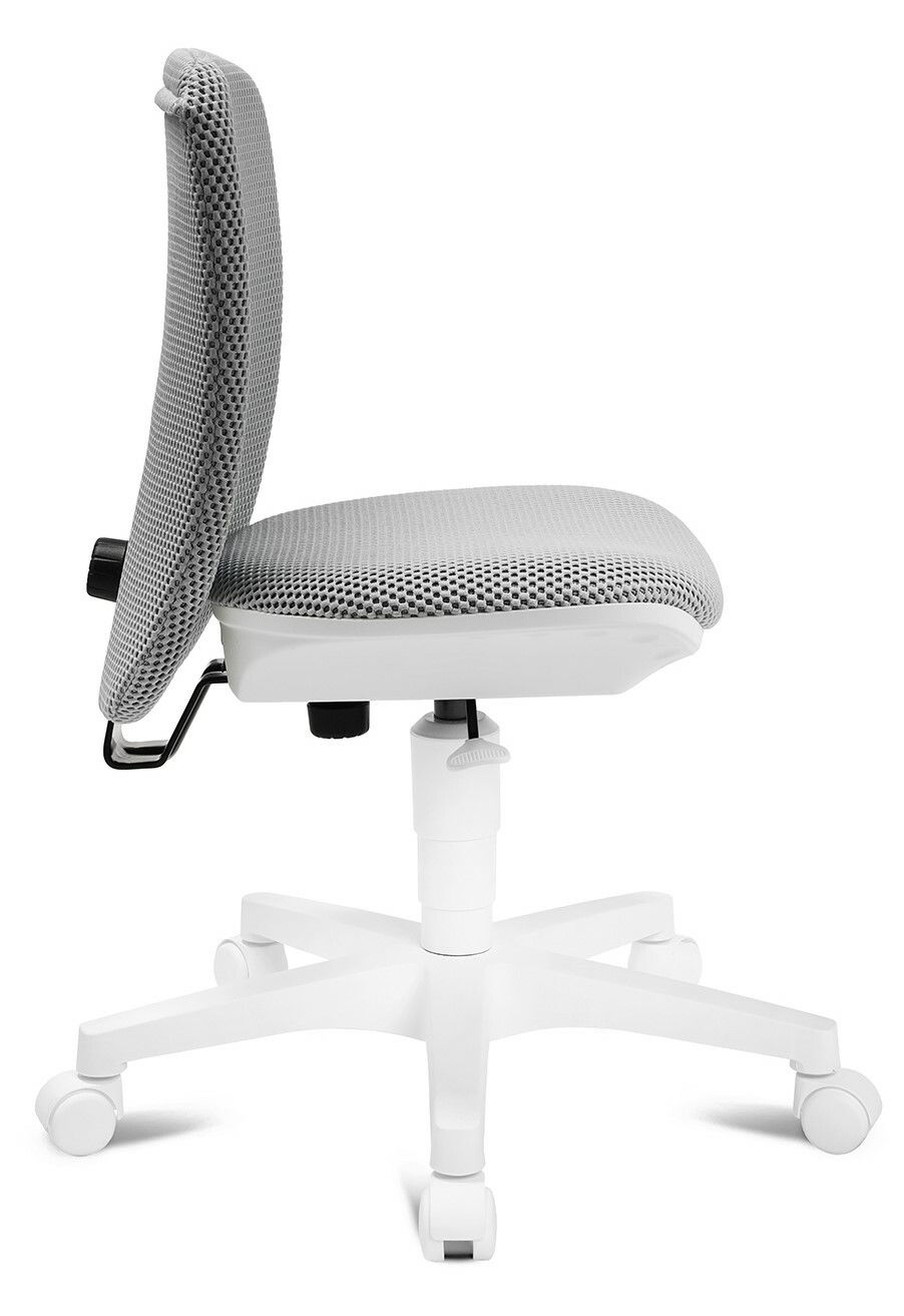 Seitenansicht eines grauen Kinder- und Jugenddrehstuhls mit weißem Gestell und Rollen