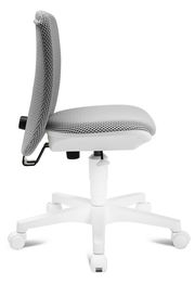 Seitenansicht eines grauen Kinder- und Jugenddrehstuhls mit weißem Gestell und Rollen