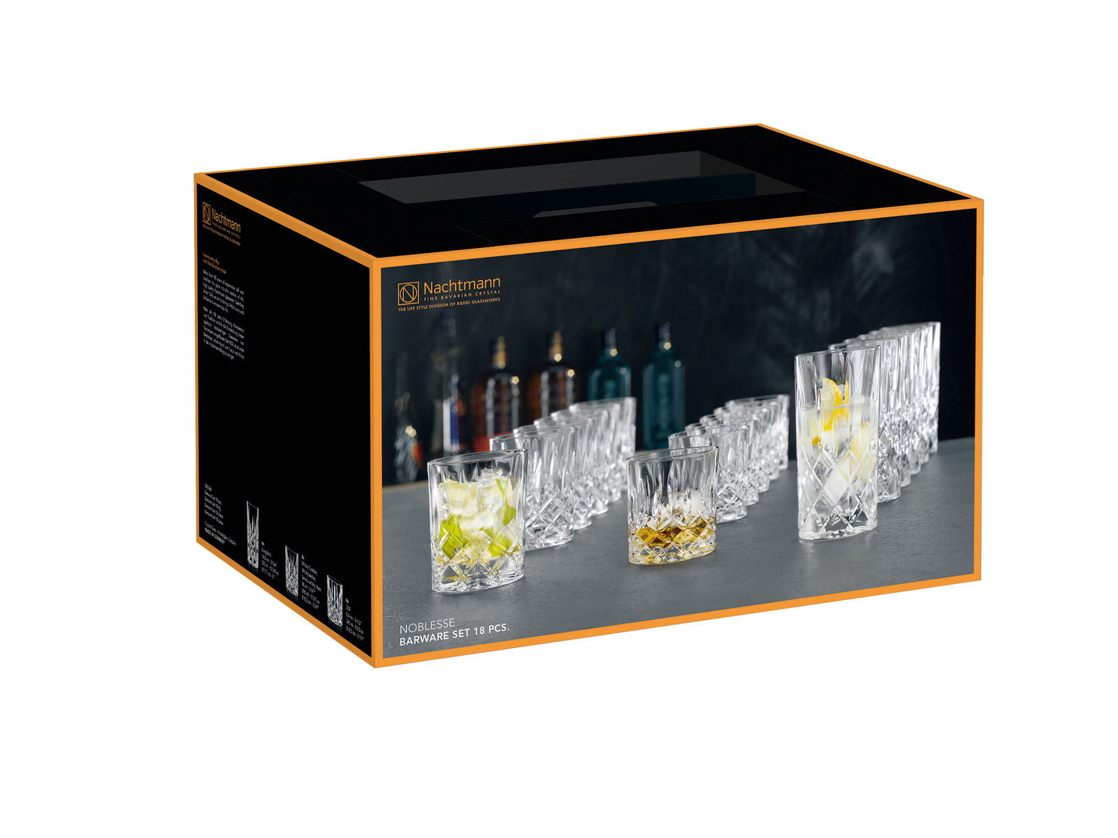 Verpackung des Bechersets Noblesse 18-tlg. von Nachtmann, seitliche Perspektive mit Abbildung der Gläser auf der Vorderseite.