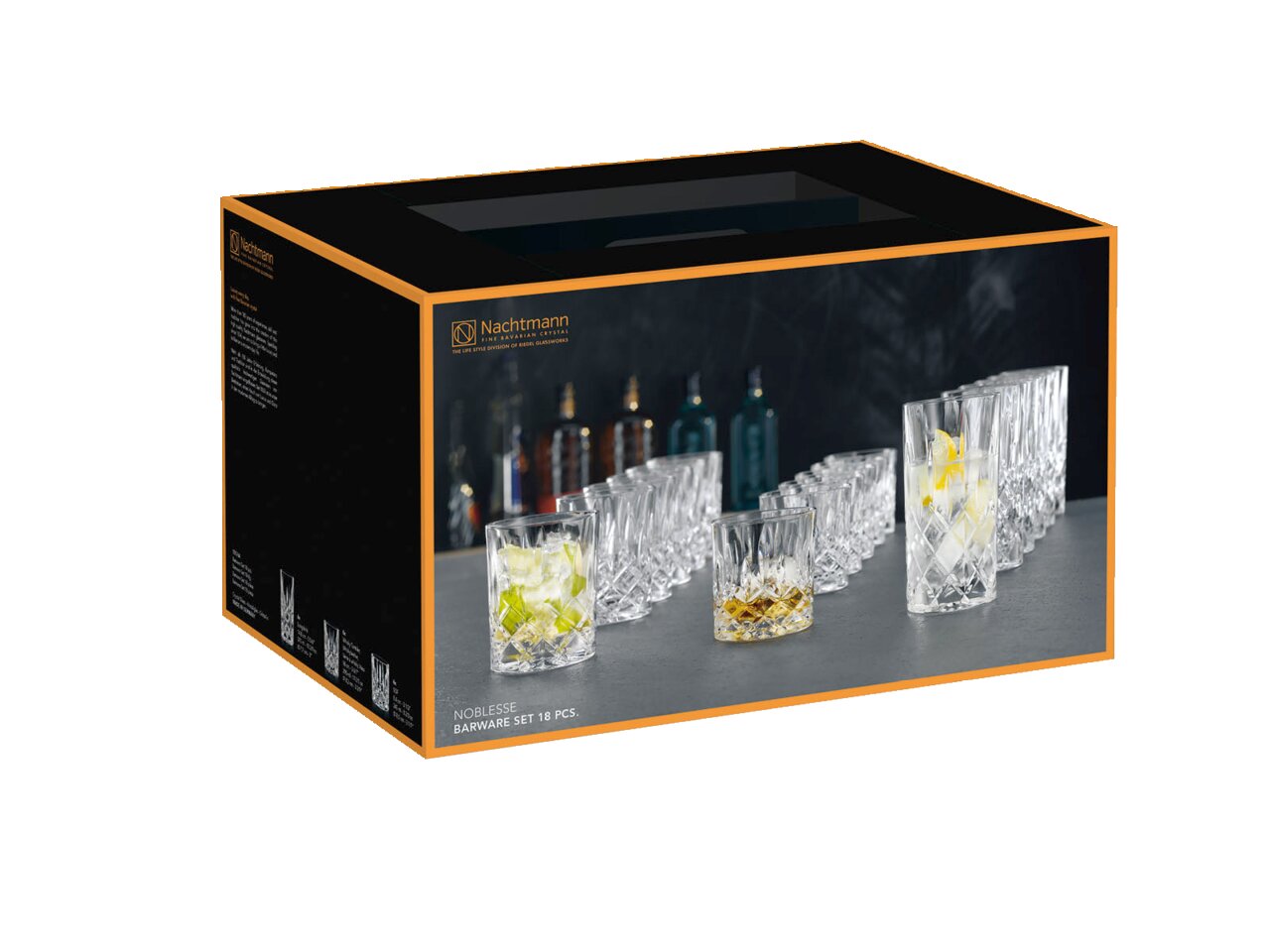 Verpakking van de Noblesse-glazenset (18-delig) van Nachtmann, zijaanzicht met afbeelding van de glazen op de voorkant.