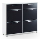 Moderner Schuhschrank mit sechs Fächern, schwarz-weiße Frontansicht