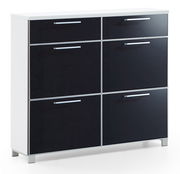 Moderner Schuhschrank mit sechs Fächern, schwarz-weiße Frontansicht