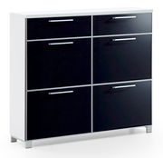 Moderner Schuhschrank mit sechs Fächern, schwarz-weiße Frontansicht