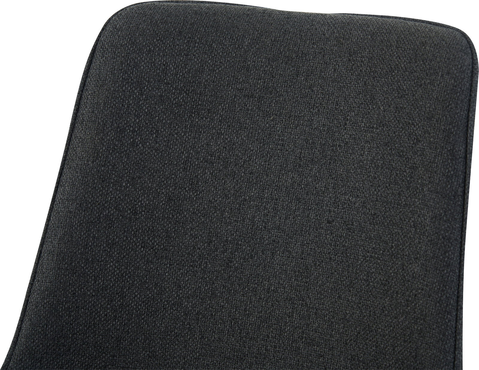 Nahaufnahme der dunkelgrauen, stoffbezogenen Rückenlehne eines Stuhls mit abgerundeten Ecken, schräg von vorne oben fotografiert