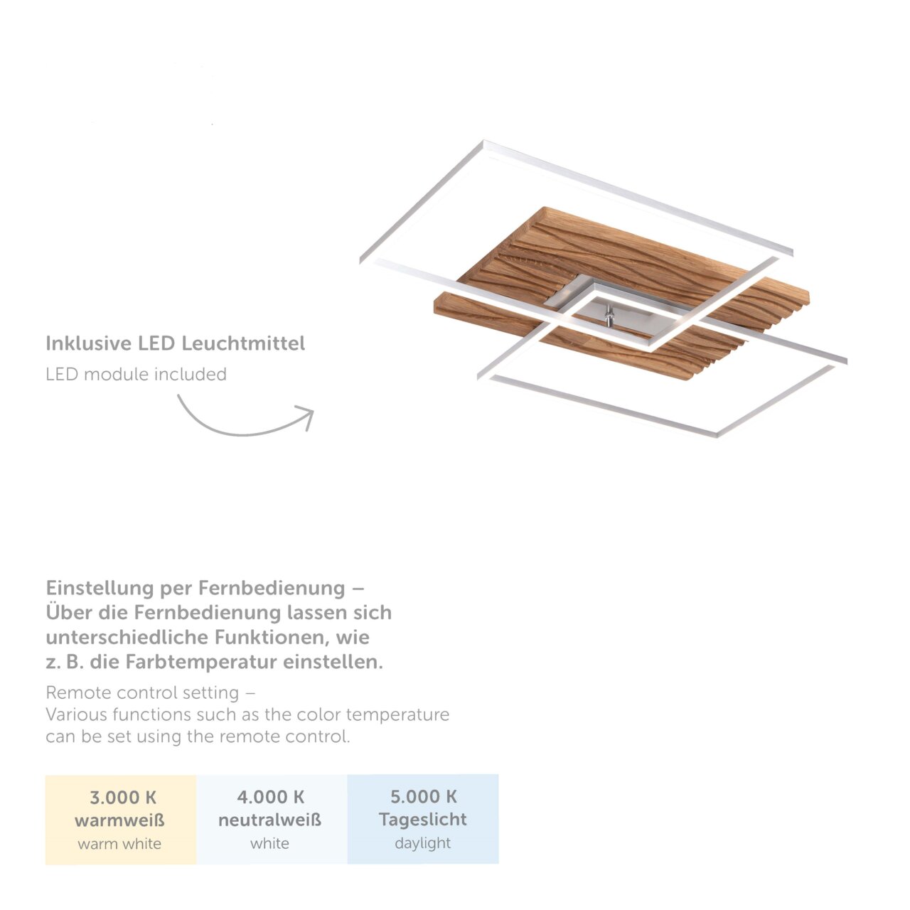 Moderne LED-Deckenleuchte mit Holz- und Metallakzenten, inklusive LED-Modul, aus der Seitenperspektive gezeigt.