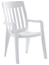 Weißer Stapelsessel aus Kunststoff, seitliche Perspektive