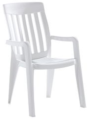 Weißer Stapelsessel aus Kunststoff, seitliche Perspektive