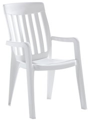 Weißer Stapelsessel aus Kunststoff, seitliche Perspektive