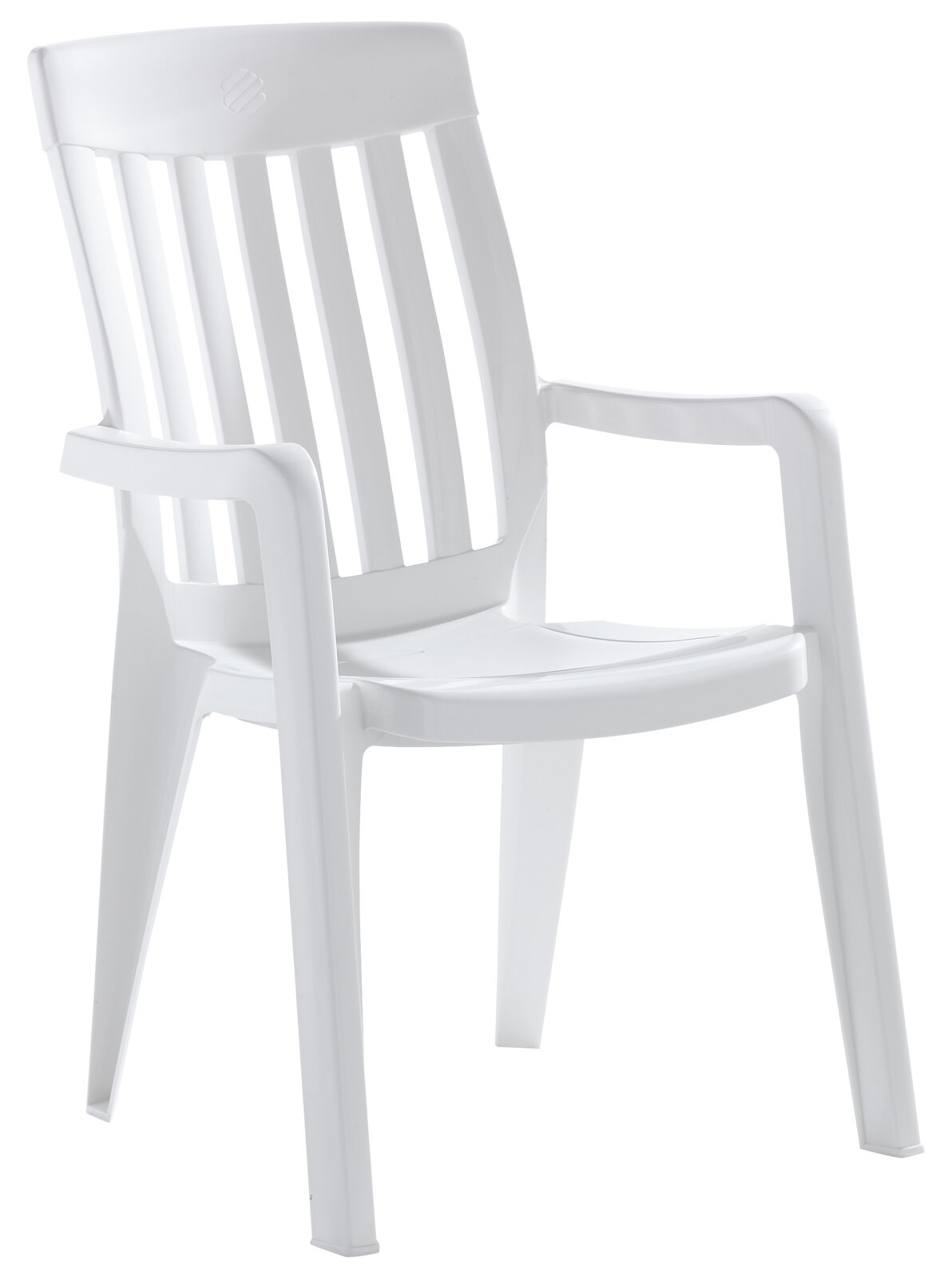 Weißer Stapelsessel aus Kunststoff, seitliche Perspektive