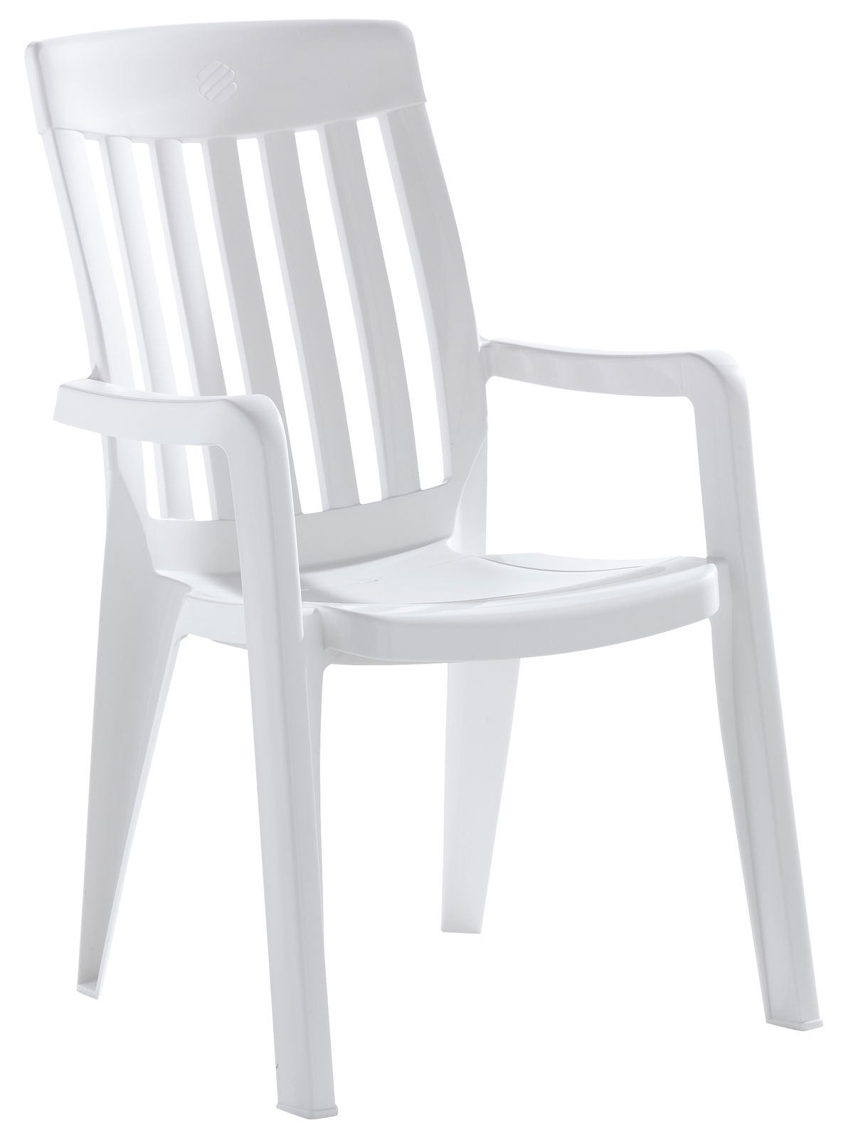 Weißer Stapelsessel aus Kunststoff, seitliche Perspektive