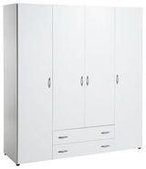 Weißer 4-türiger Drehtürenschrank mit zwei Schubladen, seitliche Perspektive