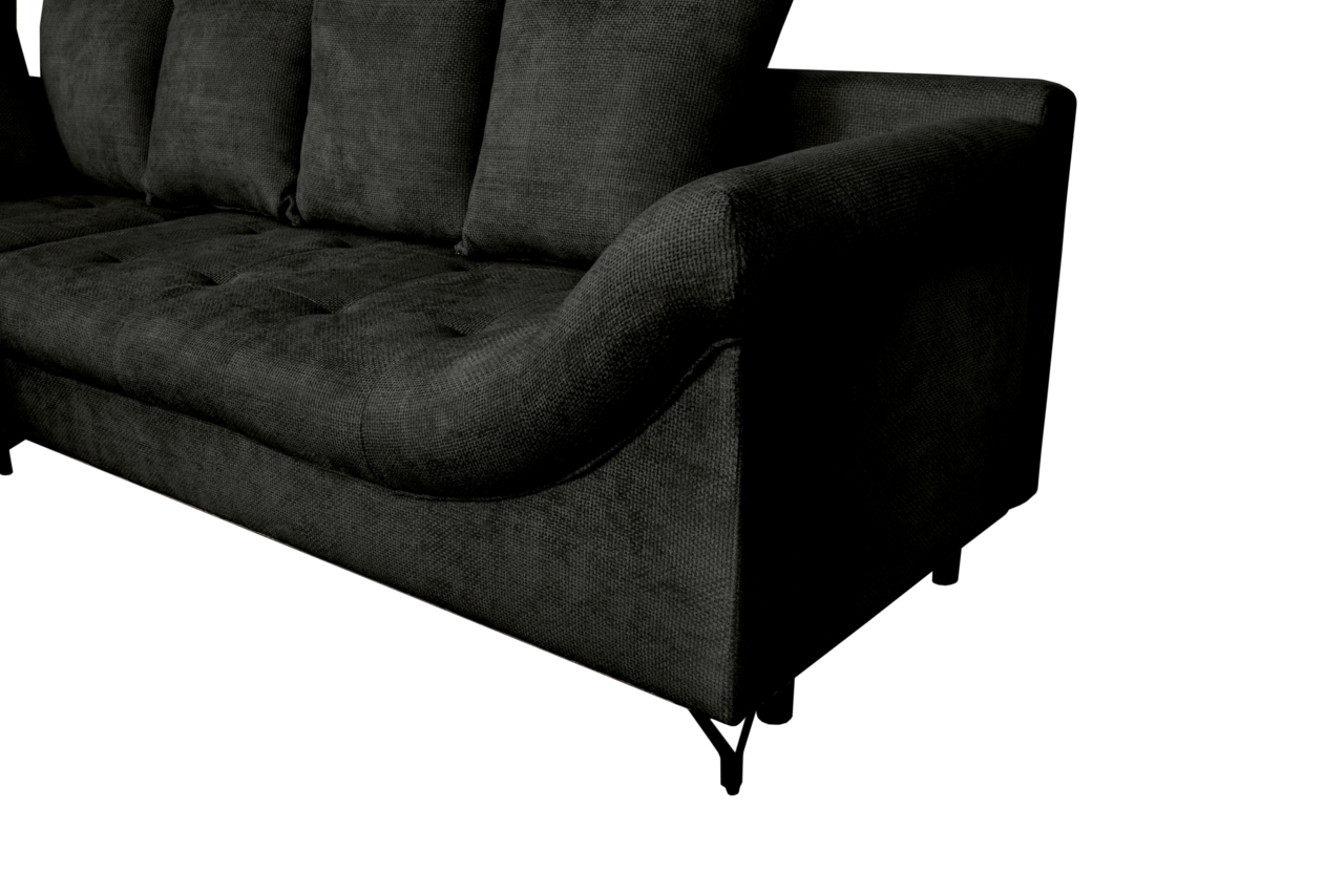 Dunkelgraues Sofa mit abgerundeter Armlehne, seitliche Perspektive