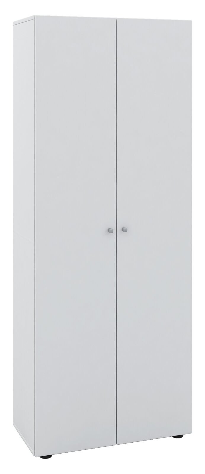Weißer, hoher zweitüriger Schrank mit zwei kleinen Griffen, freistehend, Frontansicht mit leichter Seitenperspektive (Studioaufnahme).
