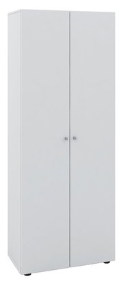 Weißer, hoher zweitüriger Schrank mit zwei kleinen Griffen, freistehend, Frontansicht mit leichter Seitenperspektive (Studioaufnahme).