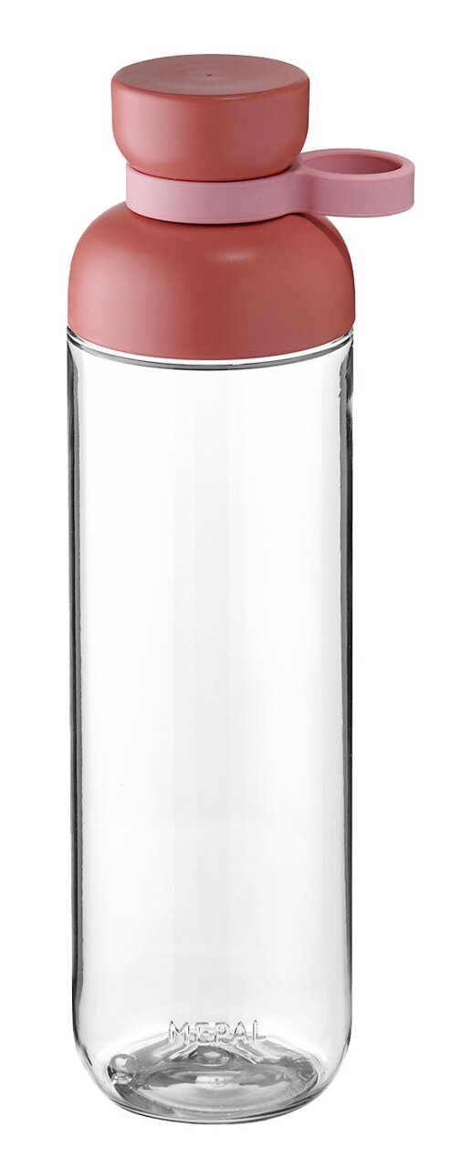 Trinkflasche Vivid Mauve mit rosafarbenem Deckel und Tragegriff, seitliche Ansicht