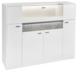 Weißes Highboard mit mehreren Türen und einem offenen Fach, Frontansicht