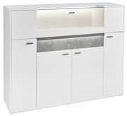 Weißes Highboard mit mehreren Türen und einem offenen Fach, Frontansicht