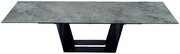 Moderner Esstisch mit grauer Steinoptik-Tischplatte und schwarzem Metallgestell, Ansicht von oben.