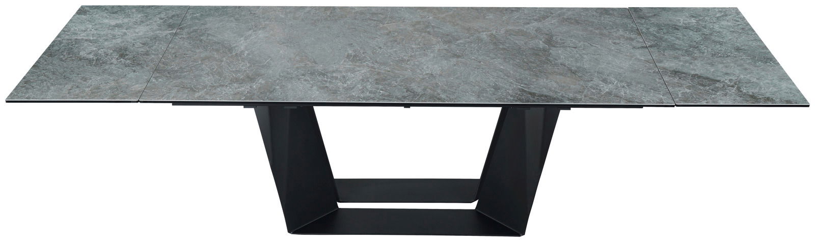 Moderner Esstisch mit grauer Steinoptik-Tischplatte und schwarzem Metallgestell, Ansicht von oben.