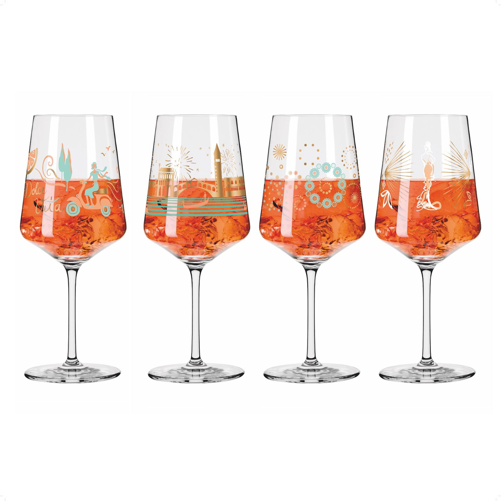 Ritzenhoff Aperizzo 4er-Set SOMMERRAUSCH Vier Weingläser mit sommerlichen Motiven und orangefarbenem Getränk, frontal fotografiert.