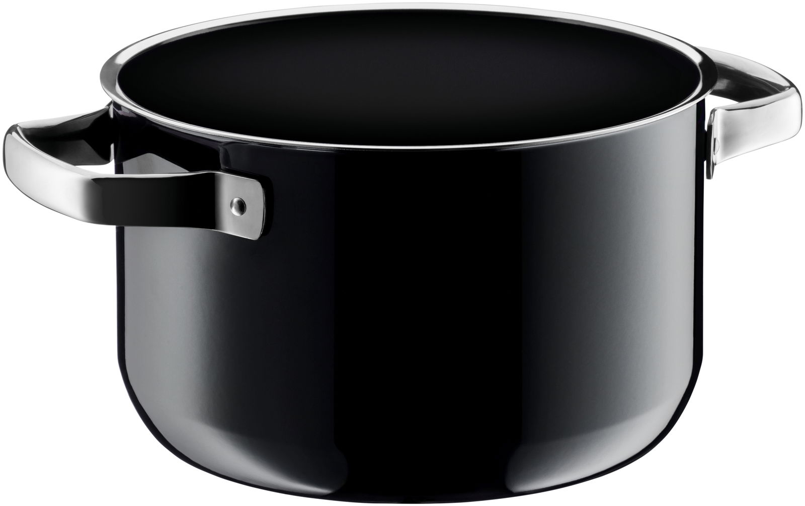 Schwarzer Kochtopf aus der Fusiontec Mineral Serie von WMF, seitliche Perspektive mit sichtbaren Griffen.