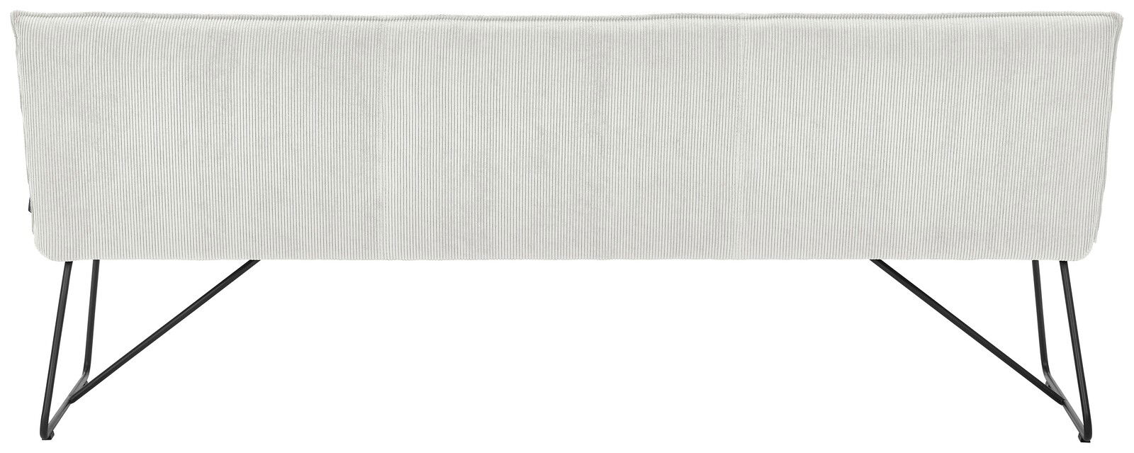 Johann Jakob Sitzbank CALAS Rückansicht einer modernen Sitzbank mit hellgrauem Stoffbezug und schwarzen Metallbeinen.