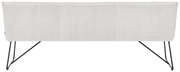 Rückansicht einer modernen Sitzbank mit hellgrauem Stoffbezug und schwarzen Metallbeinen.
