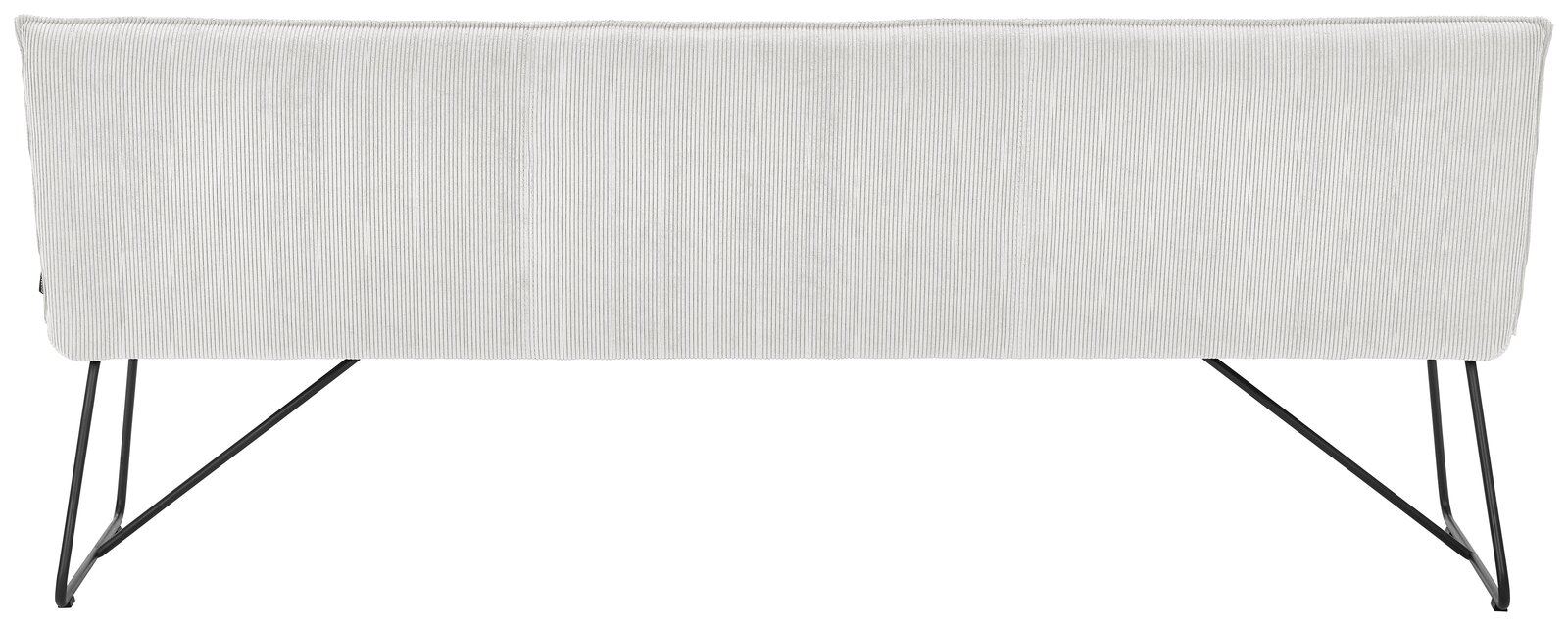 Johann Jakob Sitzbank CALAS Rückansicht einer modernen Sitzbank mit hellgrauem Stoffbezug und schwarzen Metallbeinen.