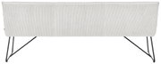 Rückansicht einer modernen Sitzbank mit hellgrauem Stoffbezug und schwarzen Metallbeinen.