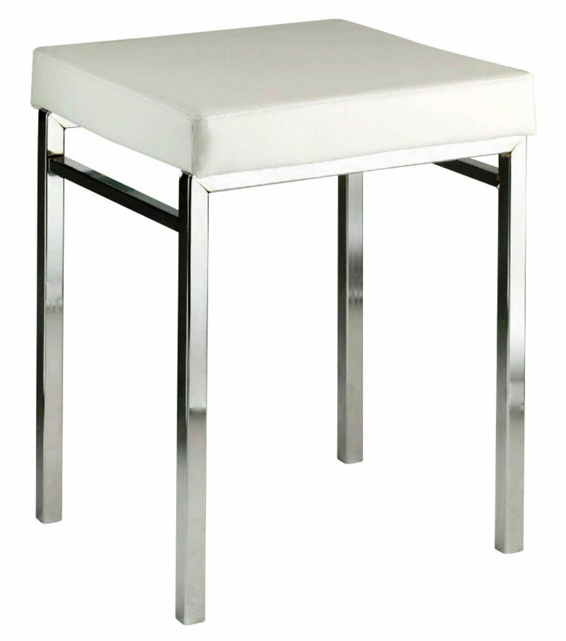 Moderner Badhocker mit weißem Sitzpolster und verchromtem Gestell, seitliche Perspektive