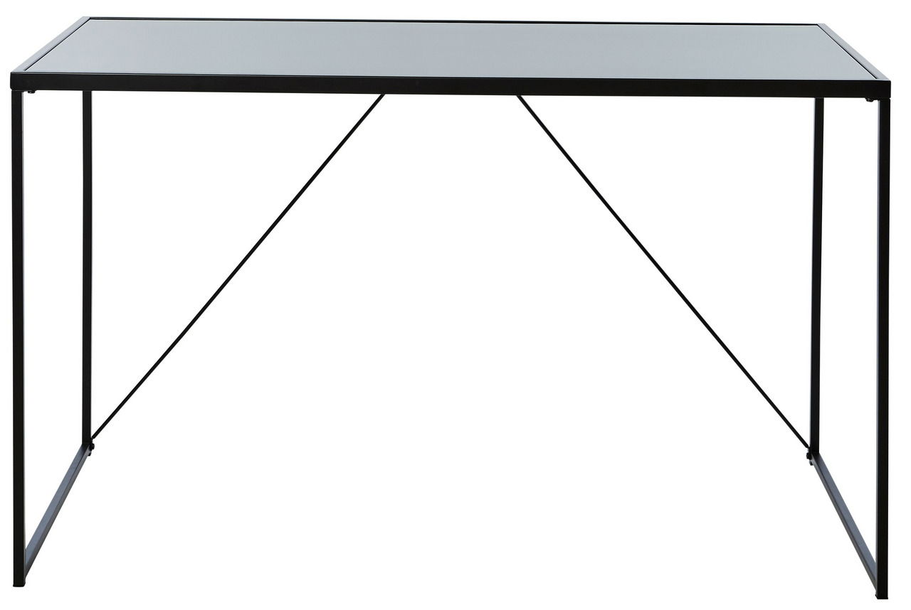 Moderner Schreibtisch mit Glasplatte und schlankem Metallrahmen, Frontalansicht