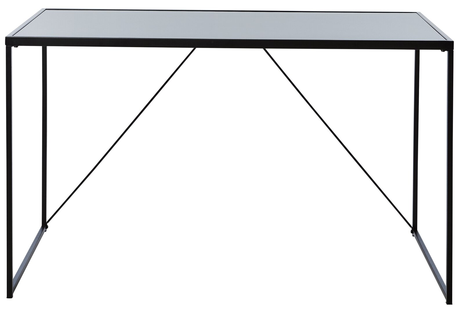 Moderner Schreibtisch mit Glasplatte und schlankem Metallrahmen, Frontalansicht