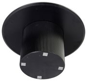 Unteransicht eines modernen, schwarzen Couchtisches mit geriffeltem Zylinderfuß und runder Tischplatte.