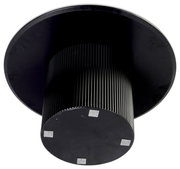 Unteransicht eines modernen, schwarzen Couchtisches mit geriffeltem Zylinderfuß und runder Tischplatte.