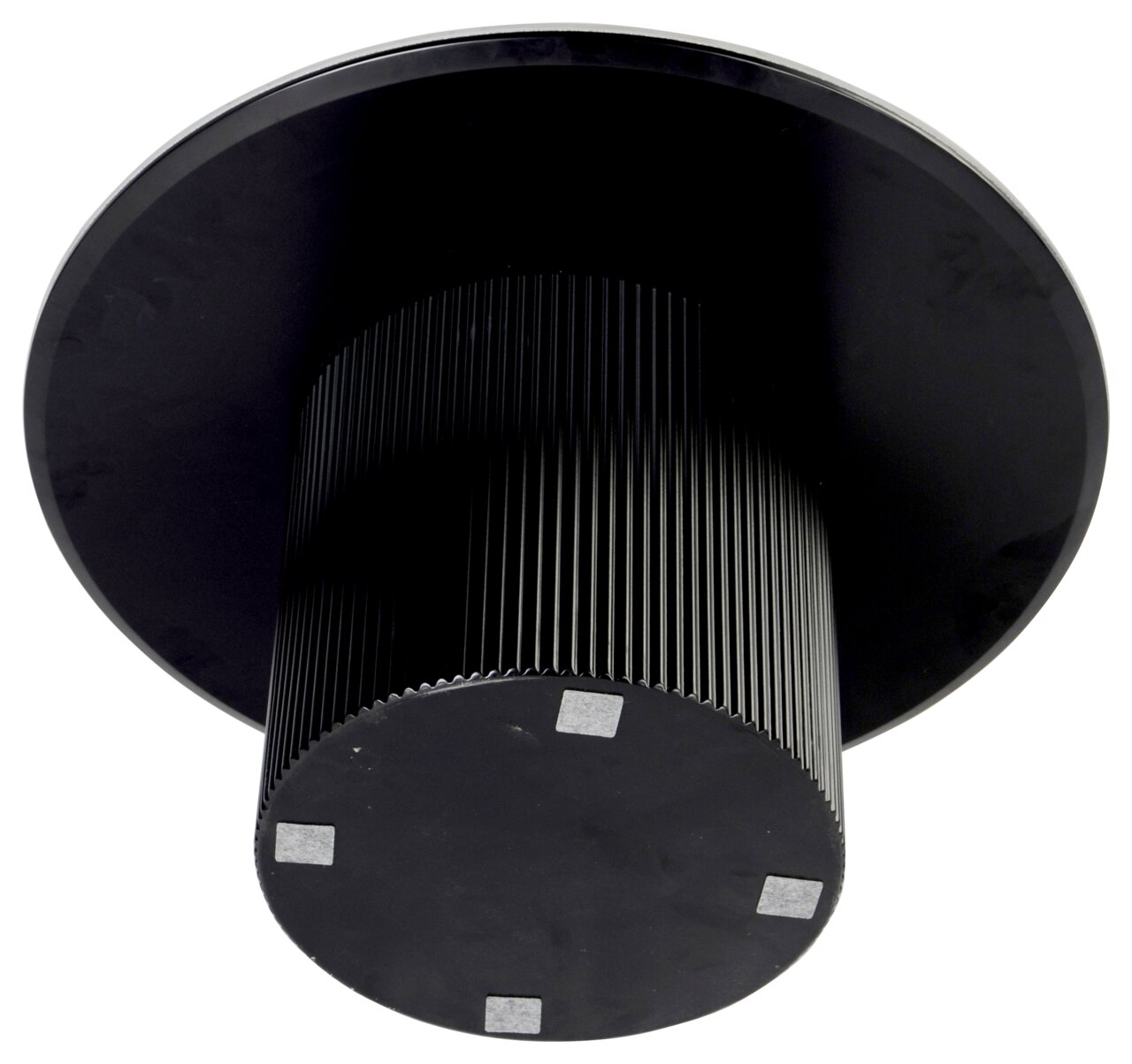 Unteransicht eines modernen, schwarzen Couchtisches mit geriffeltem Zylinderfuß und runder Tischplatte.