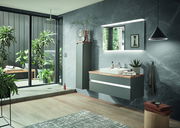 Moderne Badkombination mit hängendem Waschtisch und Spiegelschrank, umgeben von Pflanzen, aus der Perspektive eines hellen, stilvollen Badezimmers.