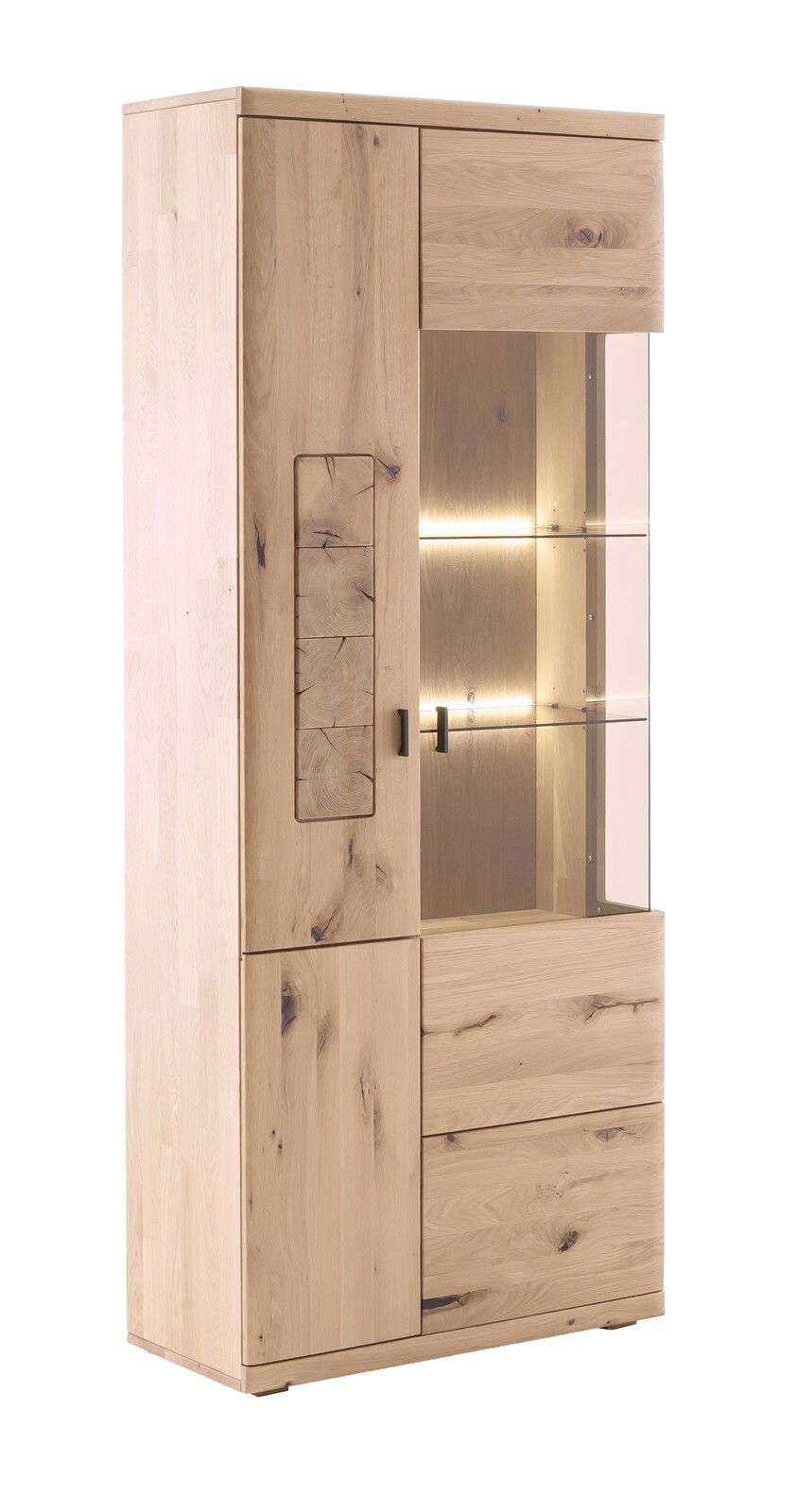 Linea Natura Vitrine PHÖNIX Holzvitrine mit Glastüren und integrierter Beleuchtung, seitliche Perspektive