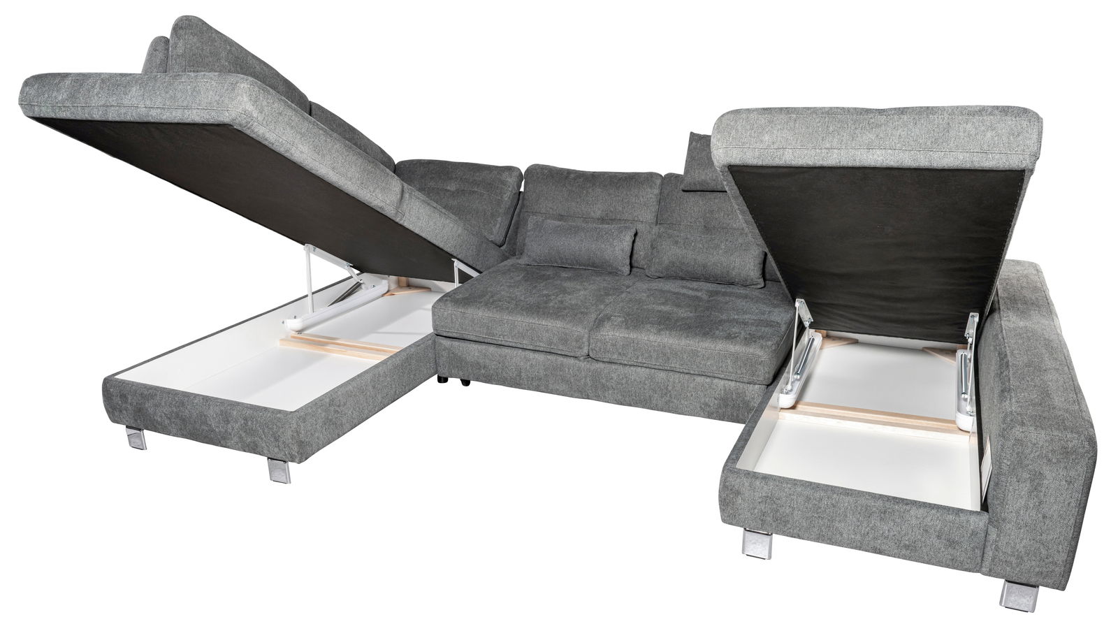 Graues Ecksofa mit zwei geöffneten Stauraumfächern, Perspektive von vorne.