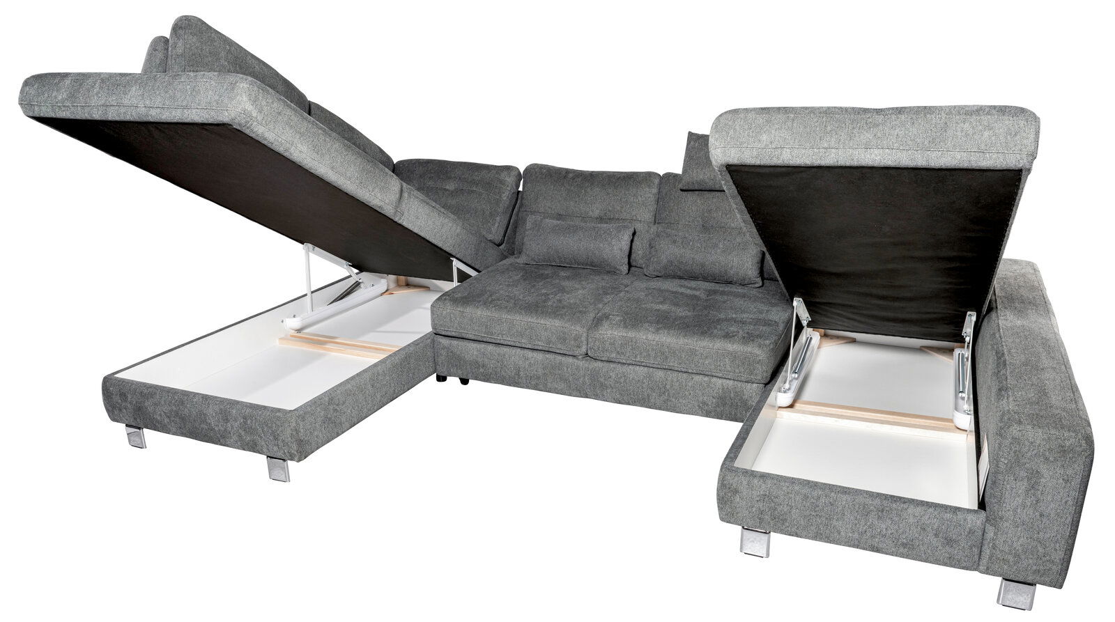 Z2 Wohnlandschaft ALBA Graues Ecksofa mit zwei geöffneten Stauraumfächern, Perspektive von vorne.