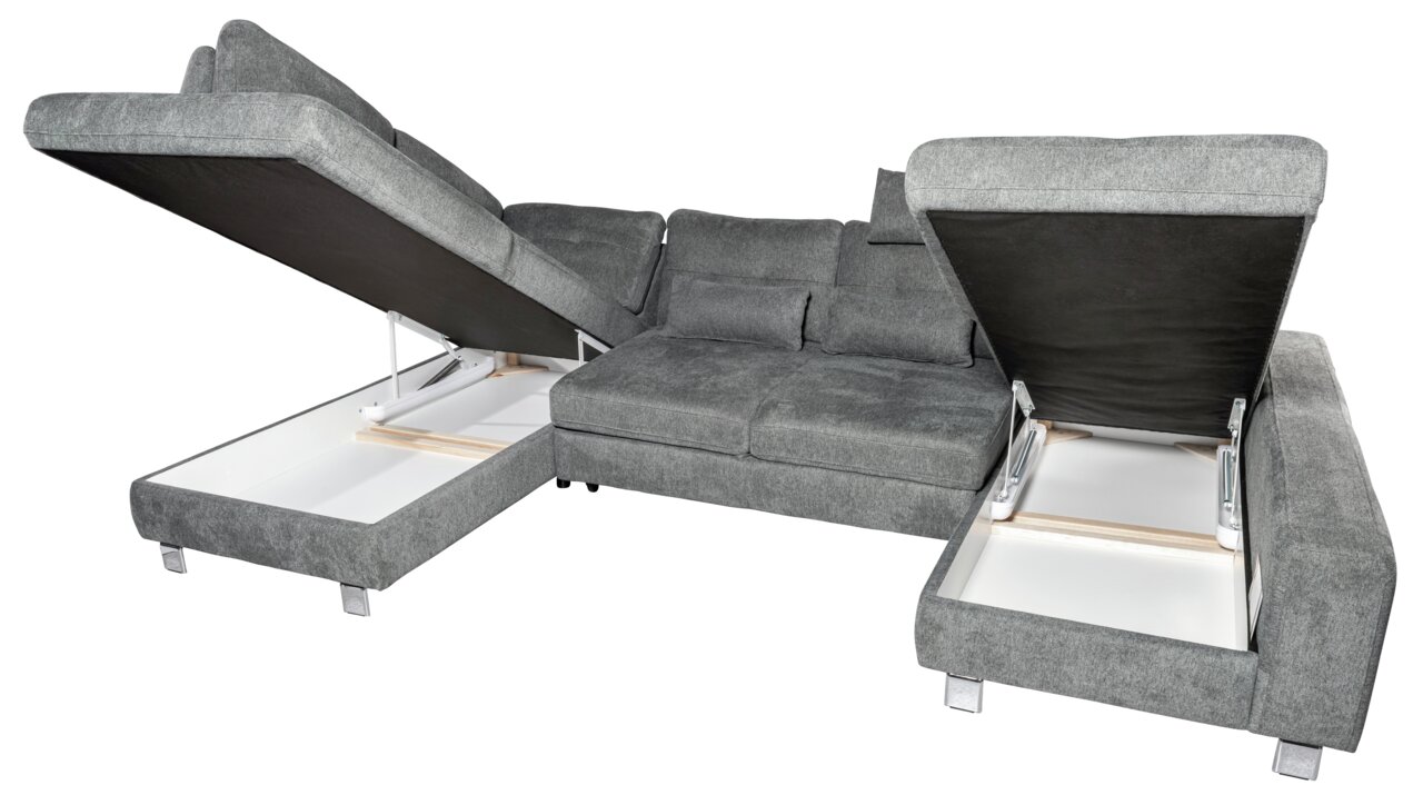 Graues Ecksofa mit zwei geöffneten Stauraumfächern, Perspektive von vorne.