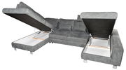 Graues Ecksofa mit zwei geöffneten Stauraumfächern, Perspektive von vorne.
