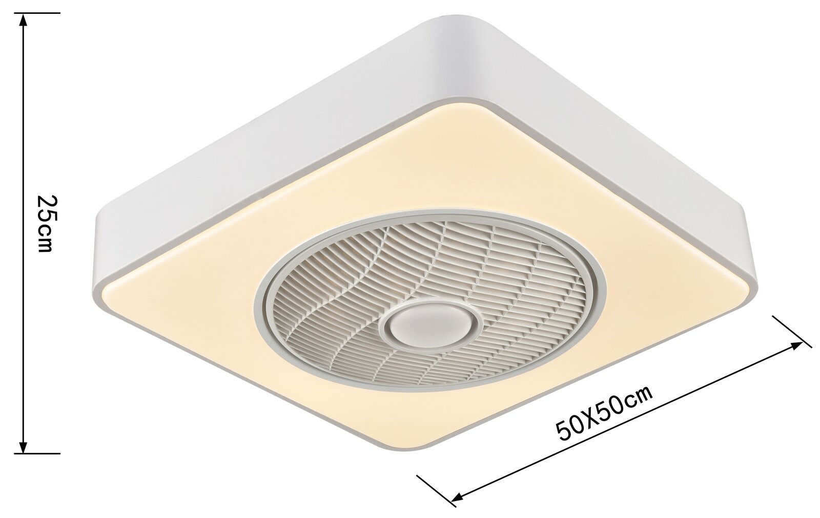 Quadratische Deckenleuchte mit integriertem Ventilator, weißer Rahmen und warmweiß leuchtender Fläche, Maße 50x50 cm und 25 cm Höhe, Ansicht schräg von unten