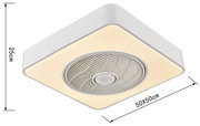 Quadratische Deckenleuchte mit integriertem Ventilator, weißer Rahmen und warmweiß leuchtender Fläche, Maße 50x50 cm und 25 cm Höhe, Ansicht schräg von unten