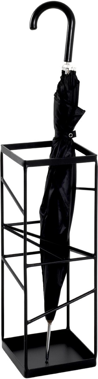 Schwarzer Metall-Schirmständer in rechteckiger Gitterform mit Abtropfschale, darin ein geschlossener schwarzer Regenschirm mit gebogenem Griff; Produktansicht frontal, leicht von oben.