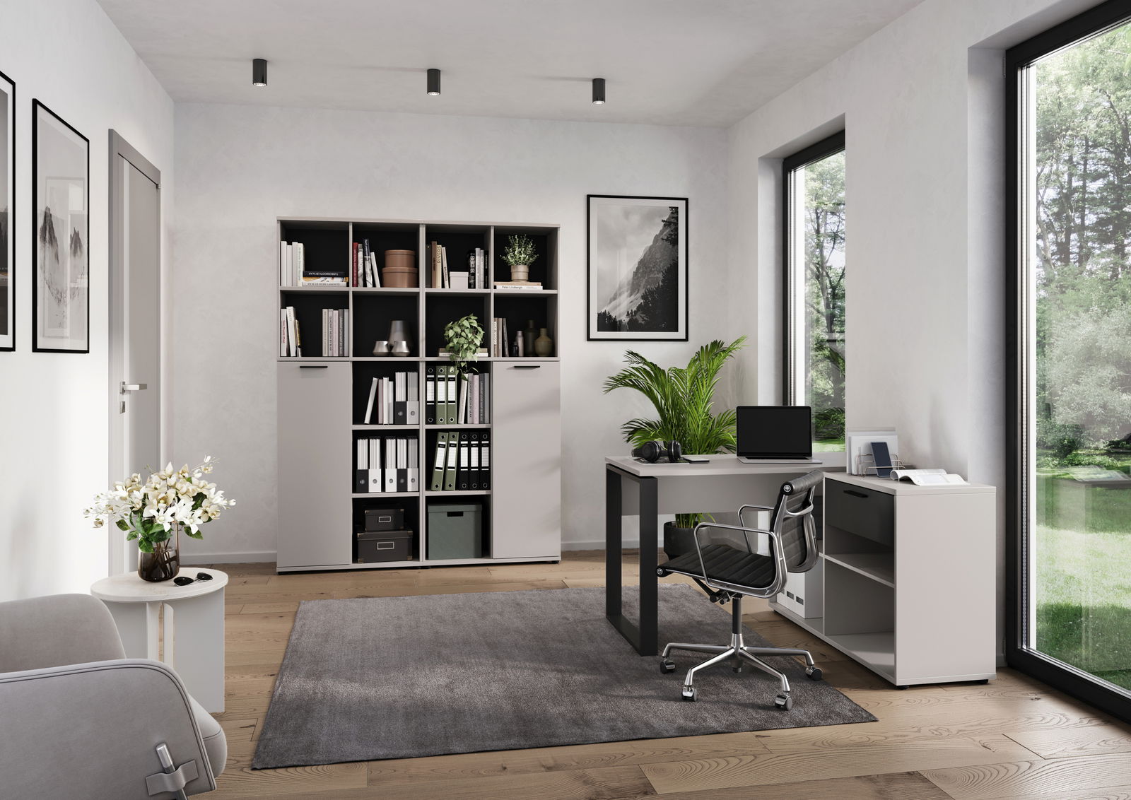 Moderne Büroumgebung mit einem Winkelschreibtisch und einem Aktenschrank, seitliche Perspektive