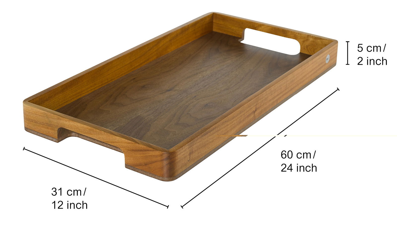 Holztablett mit den Maßen 60x31x5 cm, seitliche Perspektive, zeigt die natürliche Holzmaserung und die praktischen Griffe.