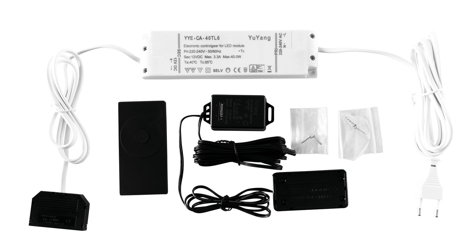 Zurbrüggen Funkfernbedienungs-Set BARCELONA Funkfernbedienungs-Set mit verschiedenen Komponenten, darunter ein elektronischer Controller, Fernbedienung, Kabel und Befestigungsmaterial, aus der Vogelperspektive fotografiert.