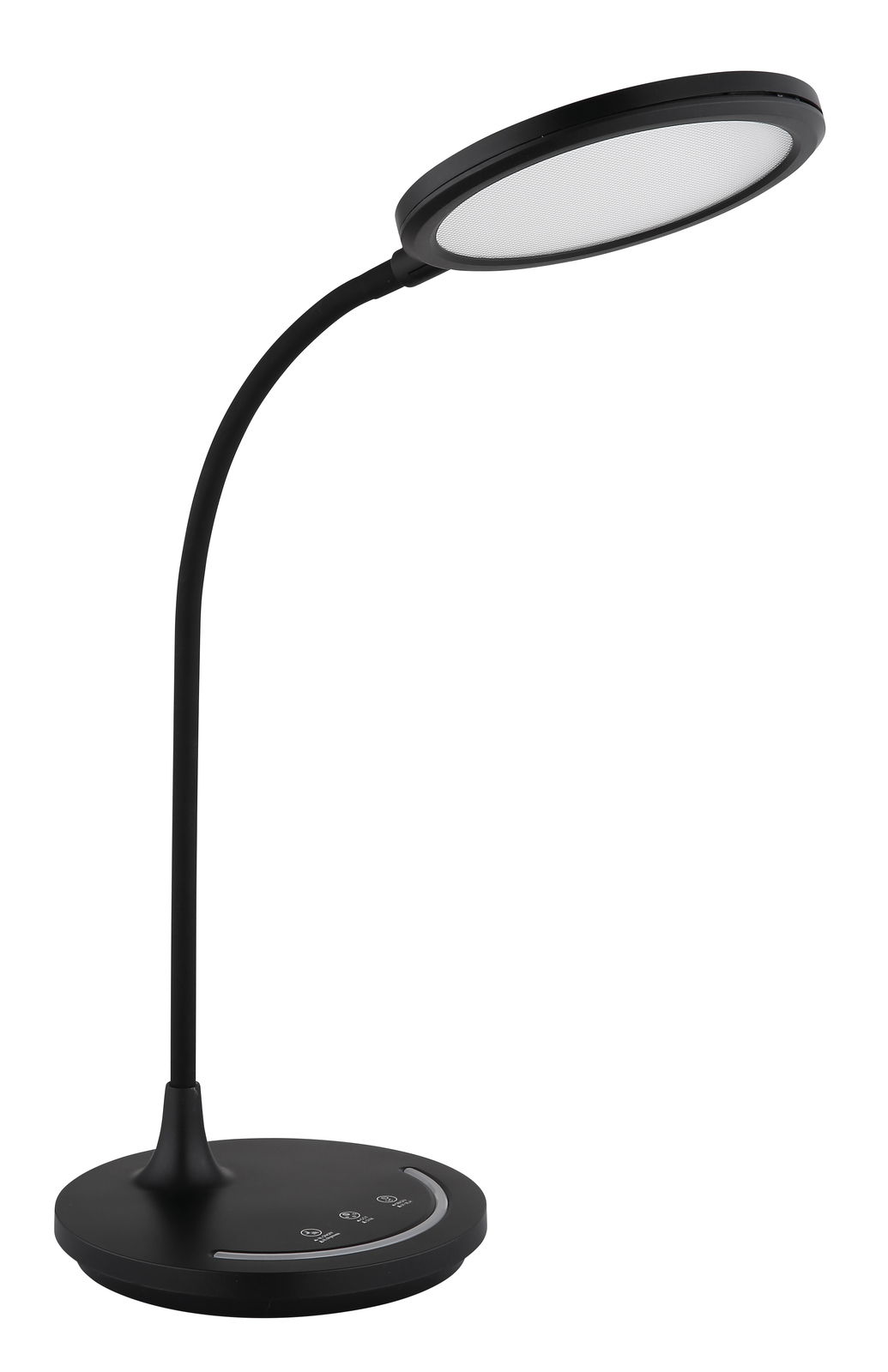Moderne schwarze Tischleuchte mit rundem Lampenschirm und flexiblem Hals, seitliche Perspektive